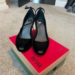 Melissa Women's Black Peep Toe Heels. New in Box. Strawberry scented